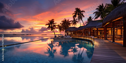 Maldives at a resort on the island at sunset. photo