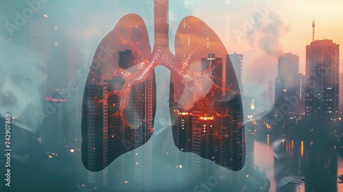 Artificial intelligence analyzes human lungs with a transparent overlay on a cityscape, symbolizing the impact of urban environment on respiratory health. #742907869