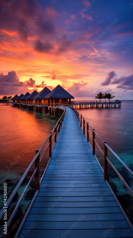 Maldives at a resort on the island at sunset.