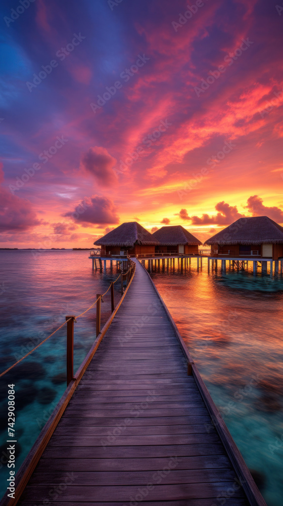 Obraz premium Maldives at a resort on the island at sunset.