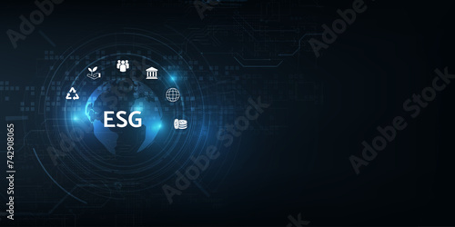 Sustainable business on networked connection vector illustration on blue color background. ESG icon concept .Environmental,Social and Corporate Government.