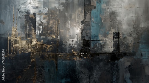 An abstract piece inspired by urban landscapes, with metallic hues and elements of architectural forms blended into an abstract composition.representation of city life. 8k