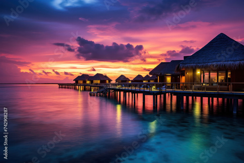 Maldives at a resort on the island at sunset.