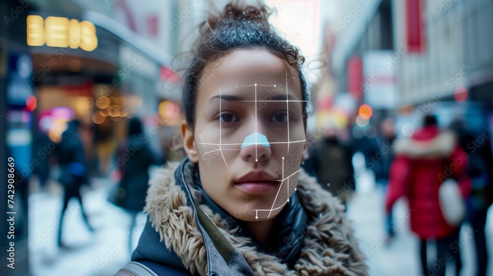 Young Woman With Facial Recognition Grids On Her Face Standing In A Busy Urban Street.