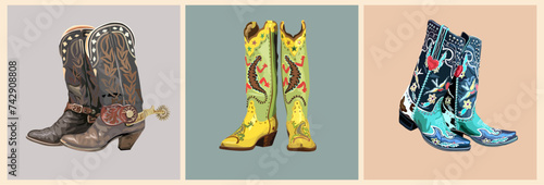 Set of different cowgirl boots - turquoise, brown, yellow. Traditional western cowboy boots decorated with embroidered wild west ornament. Realistic vector illustration isolated on neutral background.