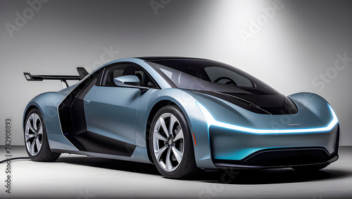 Futuristic Blue Electric Supercar With Aerodynamic Design And Illuminated Trim Charging In Showroom
