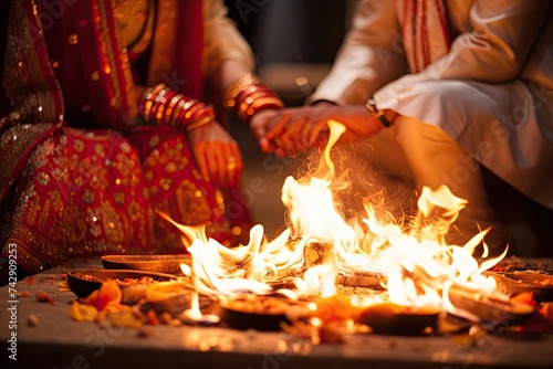 Hindu couple performs wedding rituals around a sacred fire during their wedding ceremony. photo