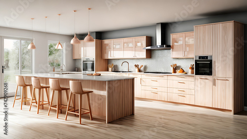 Wooden peach modern kitchen interior with big table, big kitchen in modern house 