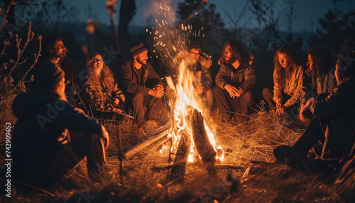 Friends Enjoying Campfire Gathering in Forest at Night