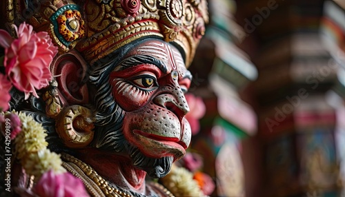 Intricately carved Hanuman deity statue adorned with flowers. © Marharyta