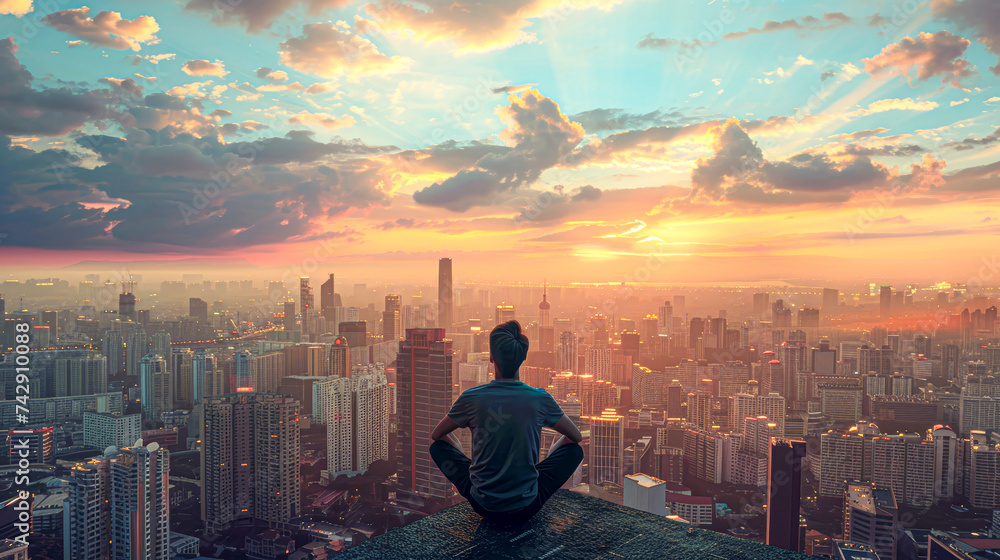 Man in a crisp shirt gazes over a sprawling cityscape at dusk, contemplating the urban expanse before him. Man in a crisp shirt gazes over a sprawling cityscape at dusk, contemplating the urban expanse before him.