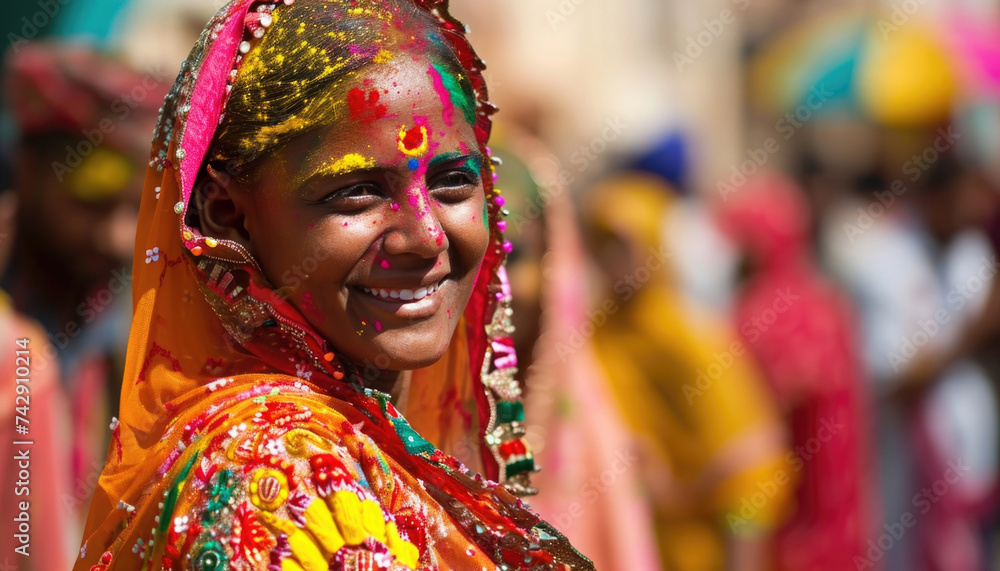 Vibrant Holi festival celebrations with colorful indian women.