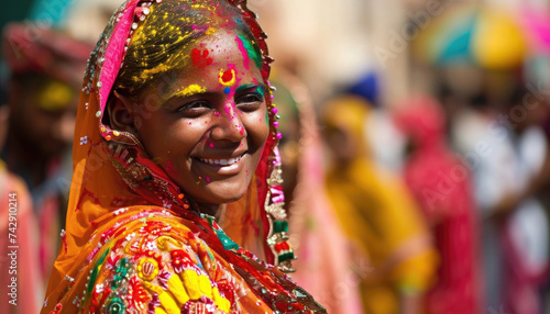 Vibrant Holi festival celebrations with colorful indian women.
