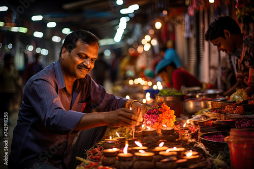 Man lighting diyas on street during indian festival.