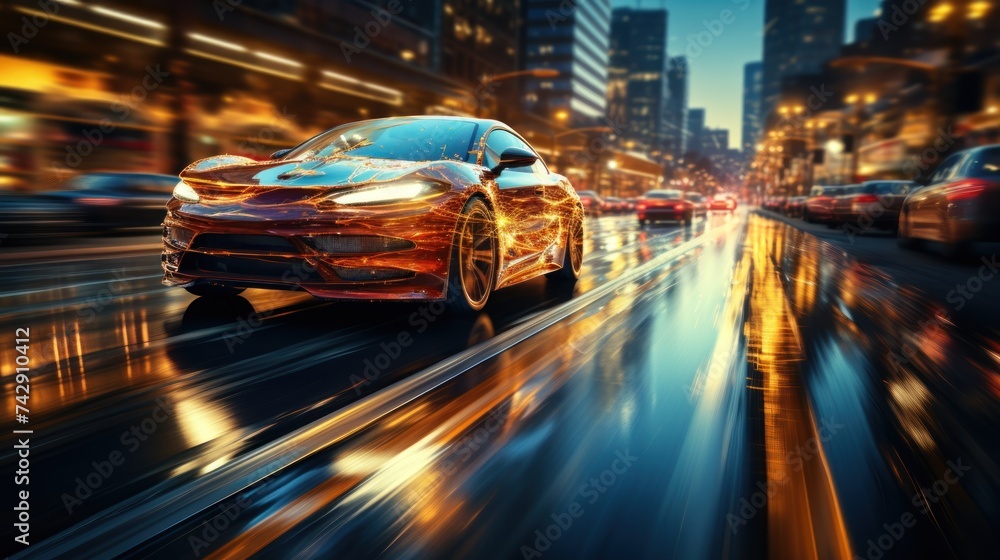 Digital data flow on road with motion blur to create vision of fast speed transfer