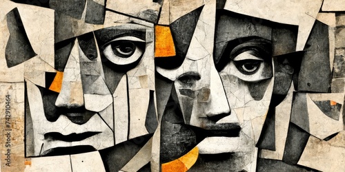 Generative AI, Faces collage abstract background, wallpaper illustration, black and white, dramatic mood