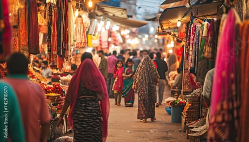 Bustling Indian Marketplace with Colorful Textiles © Marharyta