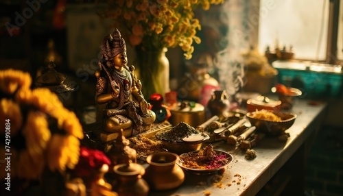 Hindu Deities on altar with offerings in traditional setting.