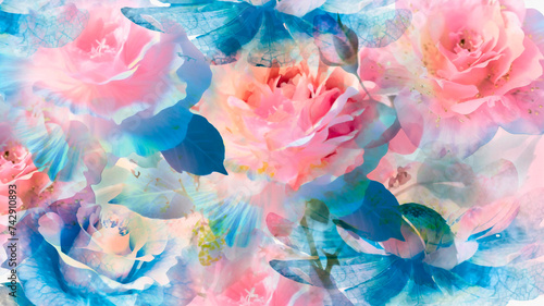 Spring background with watercolor flowers of pastel colored petals top view. Spring concept. Space for copy