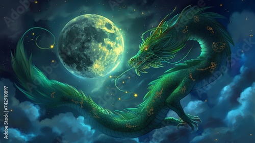 A realistic, detailed moon is orbiting an emerald dragon that is gracefully moving around it under a starry sky.  photo