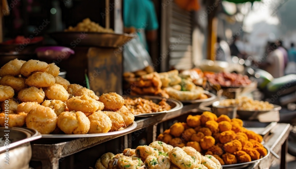 Indian street food market with variety of snacks.