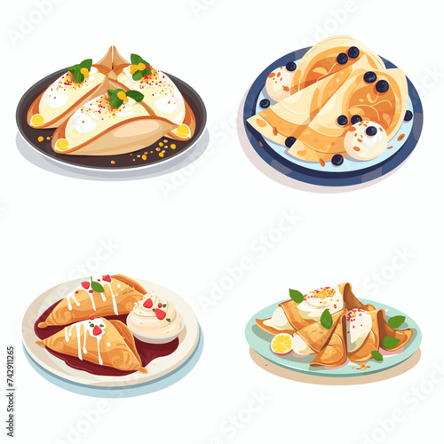 Crepe with strawberry and chocolate isolated on white set Vector illustration