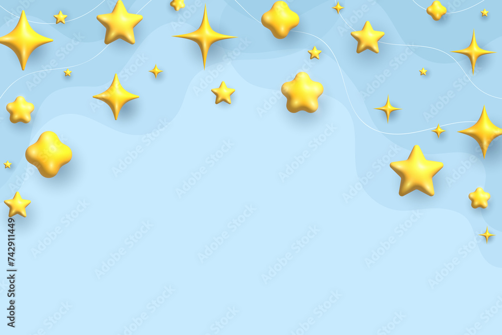 3d stars background. Toy electric blue stars on a light blue background