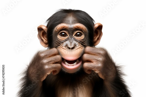 Happy laughing funny monkey portrait. Chimpanzee with hand fingers making grimace, isolated on white background © Denis