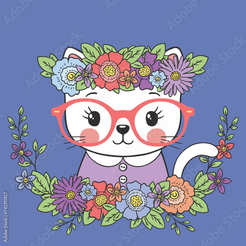 Cat girl face with floral wreath for t-shirt graphics, fashion prints, posters and other uses