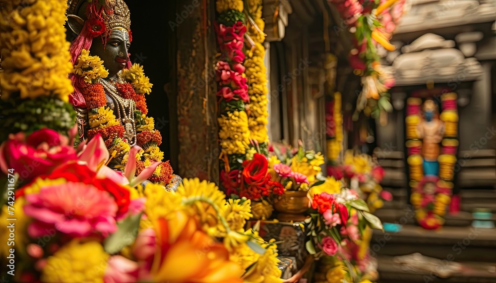 Hindu Deity Statue Adorned with Marigolds