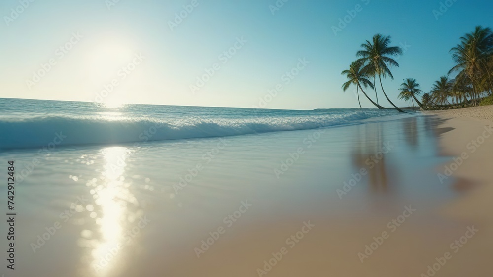 Tropical island on a sunny day, sandy ocean shore with palm trees,