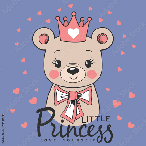 Cute bear girl face with pink crown, bow tie. Little Princess Love Yourself slogan text for t-shirt graphics, fashion prints, slogan tees and other uses