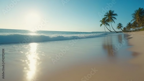 Tropical island on a sunny day  sandy ocean shore with palm trees 
