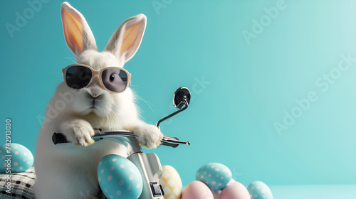 A cool Easter bunny in glasses rides a motorbike with painted eggs on a blue background photo