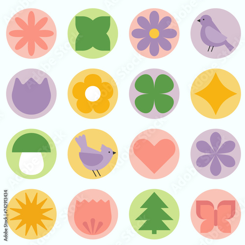 Modern geometric colorful icons set. Flowers, leaves and birds in flat minimalist style. Isolated vector illustration