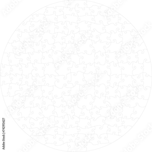 Figure puzzle template. Laser cutting of plywood 3-9mm. Black and white vector. Circle shape with 153 elements.