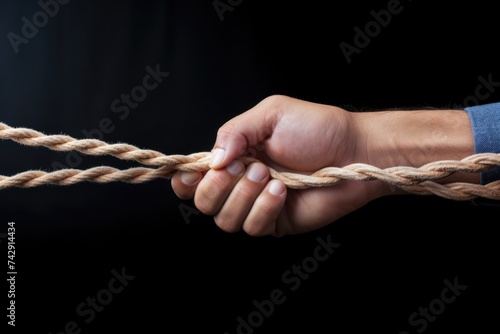 A strong grip on a brown twisted rope against a dark background. Close-up of Hand Gripping a Taut Rope