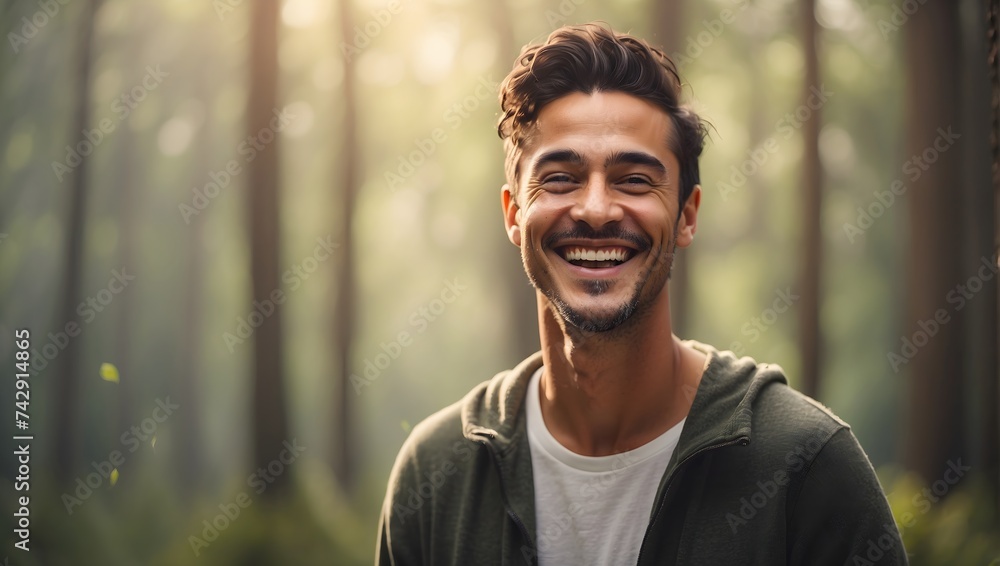 A man grinning broadly, with a forest backdrop seamlessly blurred, creating a magical and enchanting atmosphere around his cheerful demeanor. generative AI A man grinning broadly, with a forest backdrop seamlessly blurred, creating a magical and enchanting atmosphere around his cheerful demeanor. generative AI