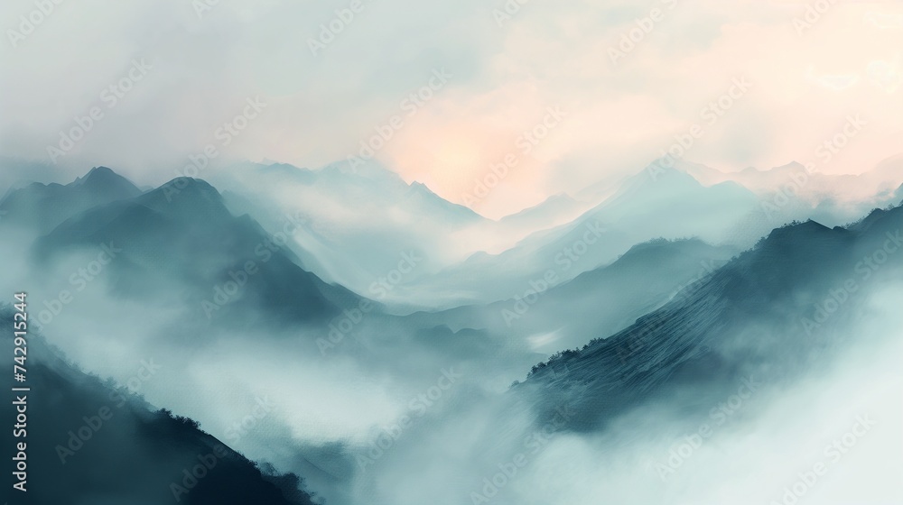 serene beauty of mountains shrouded in mist, using a digital watercolor approach. - obrazy, fototapety, plakaty 