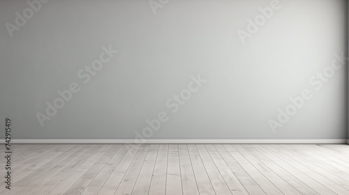 empty room with grey wall and wooden floor, front view
