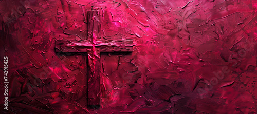 red violet cross with copy space, textured painting, worship slide background. concept wallpaper, holy week. ideal of  communion image photo