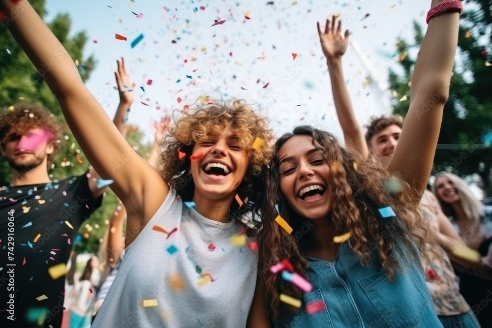 Young woman with curly hair laughing and celebrating with colorful confetti, surrounded by joyful friends in an outdoor party atmosphere, Happy friends enjoying a party