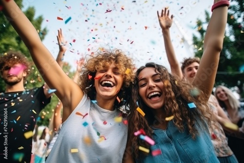 Young woman with curly hair laughing and celebrating with colorful confetti, surrounded by joyful friends in an outdoor party atmosphere, Happy friends enjoying a party