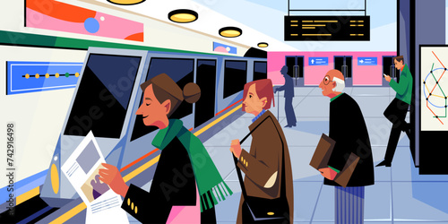 Subway vector banner or train in metro station. Railway underground platform sign. Metropolitan interior infrastructure with passenger tourist. Modern city wagon transport. Railroad architecture