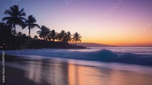 Fantastic view of sea water waves with orange sunlight at sunrise or sunset. Tropical beach landscape, exotic coast. Tropical beach with palm trees at sunset