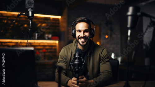A happy content creator male recording a video podcast or YouTube video. Speaking into camera.
