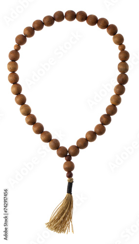 Wooden rosary isolated on white background.