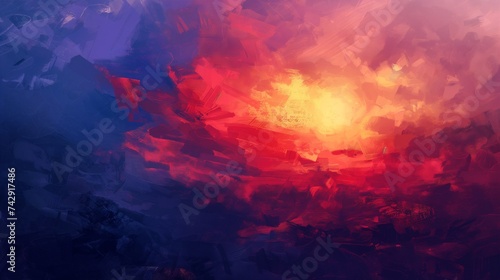 Capture the essence of a sunset in an abstract form  with warm oranges  reds  and yellows blending into cool purples and blues. 