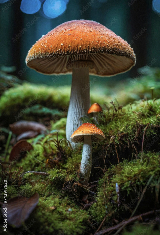 Fototapeta premium Beautiful glowing neon mushroom on moss, forest blurred background