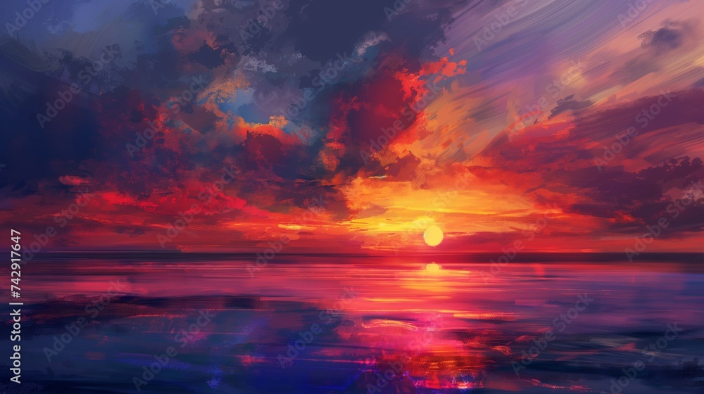 Capture the essence of a sunset in an abstract form, with warm oranges, reds, and yellows blending into cool purples and blues.  - obrazy, fototapety, plakaty 